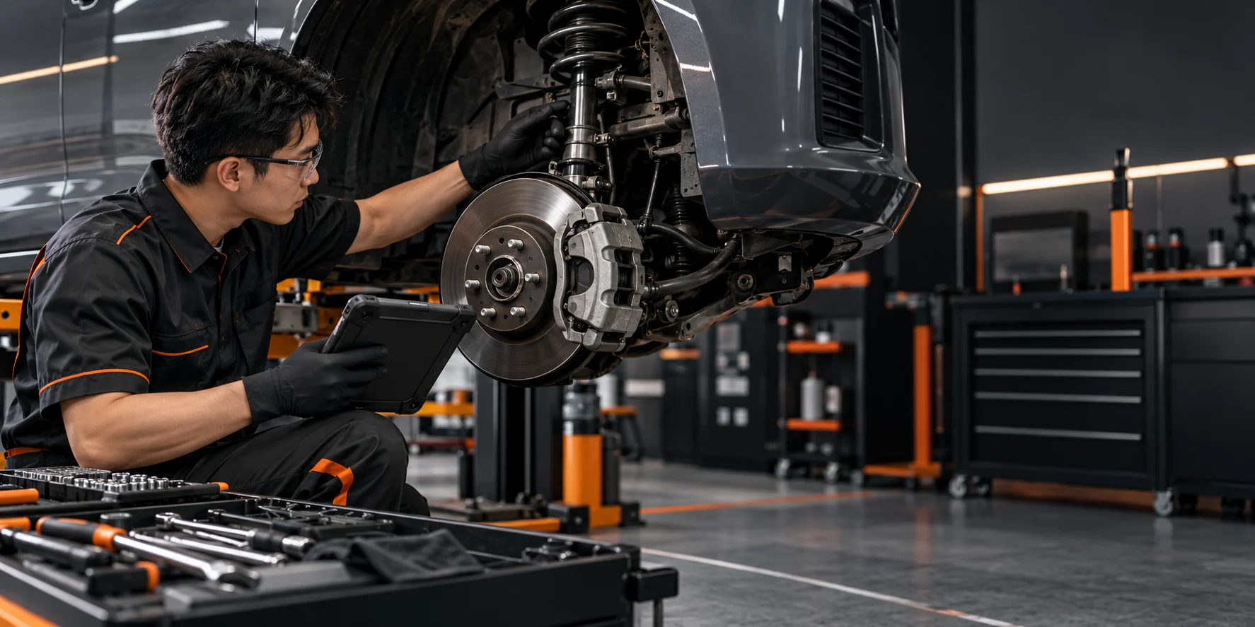 Technician inspecting a car brake and suspension system